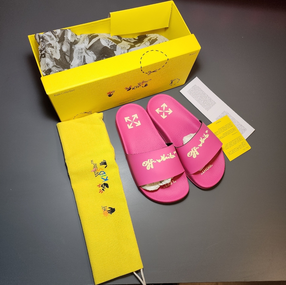 Off-White Kids Pool Slide Fuchsia Yellow Script Logo